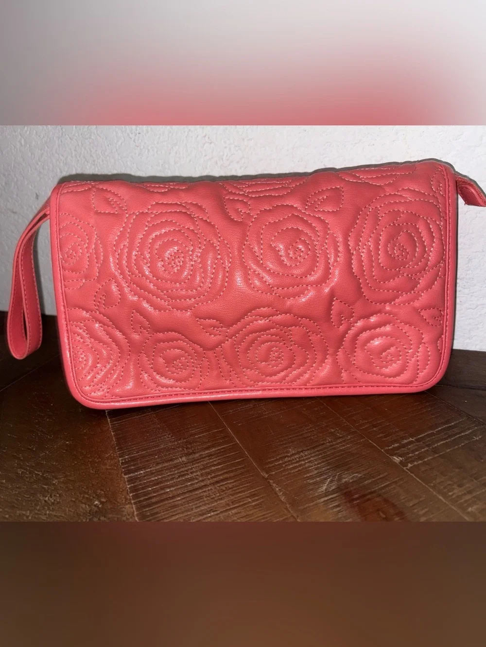 Nine & Co. Rose-Embossed Coral Wristlet Clutch NWOT